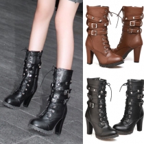 Retro Style Round Toe Thick High-heeled Rivets Martin Boots