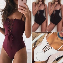 Sexy Backless Solid Color Lace-up Bodysuit