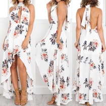 Sexy Backless Hollow Out Irregular Hem Printed Party Dress