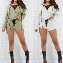 Fashion Solid Color Long Sleeve Lace-up V-neck Sweatshirt + Shorts Two-piece Set