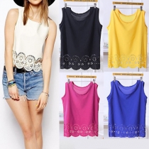 Fashion Solid Color Hollow Out Hem Sleeveless Chiffon Tops
