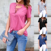 Fashion Solid Color Short Sleeve Lace-up V-neck T-shirt