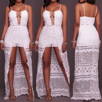 Sexy Deep V-neck Hollow Out Lace Spliced Hem Rompers