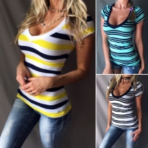 Fashion Short Sleeve V-neck Slim Fit Striped T-shirt