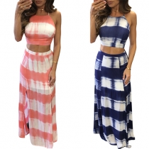 Sexy Backless Cami Top + High Waist Maxi Skirt Printed Two-piece Set