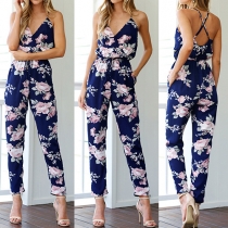 Sexy Backless Deep V-neck High Waist Printed Sling Jumpsuits