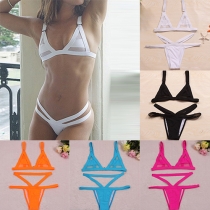 Sexy Gauze Spliced Solid Color Bikini Set
