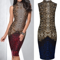 Elegant Sleeveless Stand Collar Leopard Print Pencil Dress