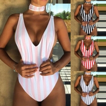 Sexy Backless Deep V-neck Striped One-piece Swimsuit