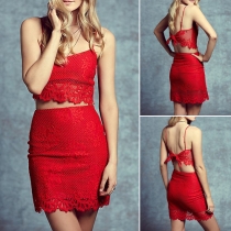 Sexy Backless Cami Top + High Waist Bust Skirt Lace Two-piece Set