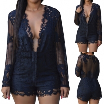 Sexy Deep V-neck Long Sleeve See-through Lace Rompers