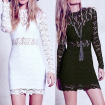 Sexy Long Sleeve Round Neck Hollow Out Lace Bodycon Dress