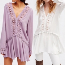 Sexy Deep V-neck Long Sleeve Lace Spliced Solid Color Lace-up Dress