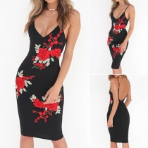Sexy Backless Deep V-neck Slim Fit Printed Sling Party Dress