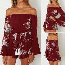 Sexy Off-shoulder Boat Neck Trumpet Sleeve Printed Rompers
