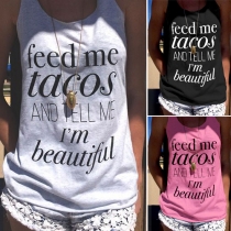 Fashion Letters Printed Round Neck Casual Tank Tops