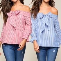 Sexy Off-shoulder Bowknot Boat Neck Long Sleeve Striped Blouse