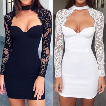 Sexy Lace Spliced Long Sleeve Hollow Out Bodycon Dress