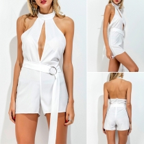Sexy Backless Solid Color Halter Rompers