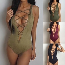 Sexy Lace-up Deep V-neck Sleeveless Solid Color Bodysuit