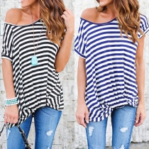 Fashion Short Sleeve Round Neck Irregular Hem Striped T-shirt