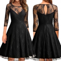 Sexy See-through Lace Spliced 3/4 Sleeve Round Neck Party Dress