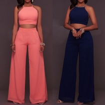 Sexy Solid Color Backless Cami Top + High Waist Wide-leg Pants Two-piece Set  