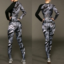 Fashion Long Sleeve V-neck Top + High Waist Leggings Printed Sports Suit