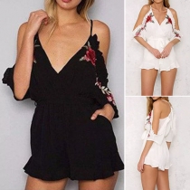 Sexy Deep V-neck Ruffle Embroidered Romper