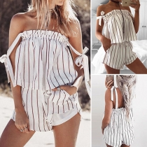 Sexy Backless Cami Top + Shorts Striped Two-piece Set