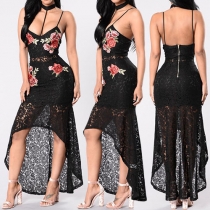 Sexy Backless High-low Hem Embroidery Lace Evening Dress
