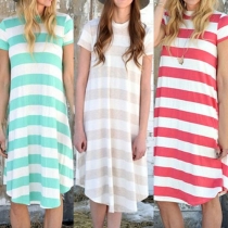 Fashion Short Sleeve Round Neck Irregular Hem Striped Dress