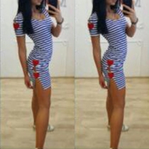 Fashion Short Sleeve Round Neck Slit Hem Slim Fit Striped Dress