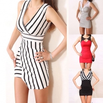 OL Style Sleeveless Deep V-neck Slim Fit Striped Dress