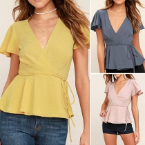 Sexy Deep V-neck Short Sleeve Solid Color Lace-up Top