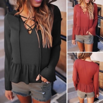 Fashion Solid Color Long Sleeve Lace-up V-neck Ruffle Hem Top