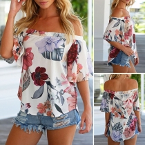 Sexy Off-shoulder Boat Neck Short Sleeve Printed Chiffon Top