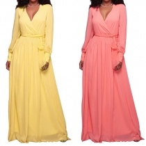 Elegant Solid Color Long Sleeve V-neck Chiffon Maxi Dress