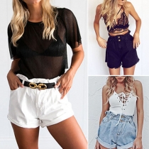 Fashion Unique Solid Color High Waist Denim Shorts 