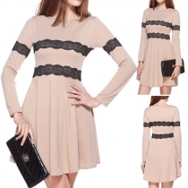 Fashion Elegant Lace Round Neck Long Sleeve Pleated Dress 