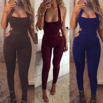 Fashion Sexy Solid Color Sleeveless Low-cut Hollow Out Waist Bodycon Jumpsuits 