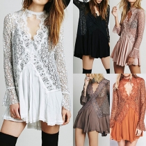Fashion Sexy Solid Color Lace Spliced Long Sleeve Irregular Dress 