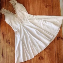 Fashion Sweet Solid Color Lace Spliced V-neck High Waist Pleated Dress