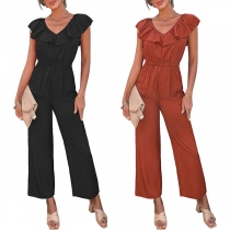 Fashion Casual Solid Color Lace Spliced Short Sleeve Jumpsuit