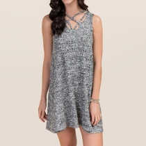 Fashion Sexy Solid Color Cross V-neck Sleeveless Grid Loose Fitting Dress 