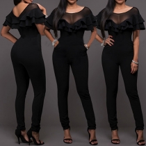 Fashion Sexy Solid Color Gauze Double Ruffle Short Sleeve Jumpsuits 