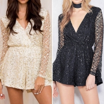 Fashion Sexy Solid Color Sequin Lace Hollow Out Deep V-neck Long Sleeve Jumpsuits 