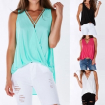 Fashion Casual Solid Color Sleeveless Cross V-neck Irregular Chiffon Top 