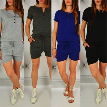 Fashion Solid Color Short Sleeve V-neck Casual Romper