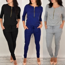 Fashion Solid Color Long Sleeve Round Neck Jumpsuit